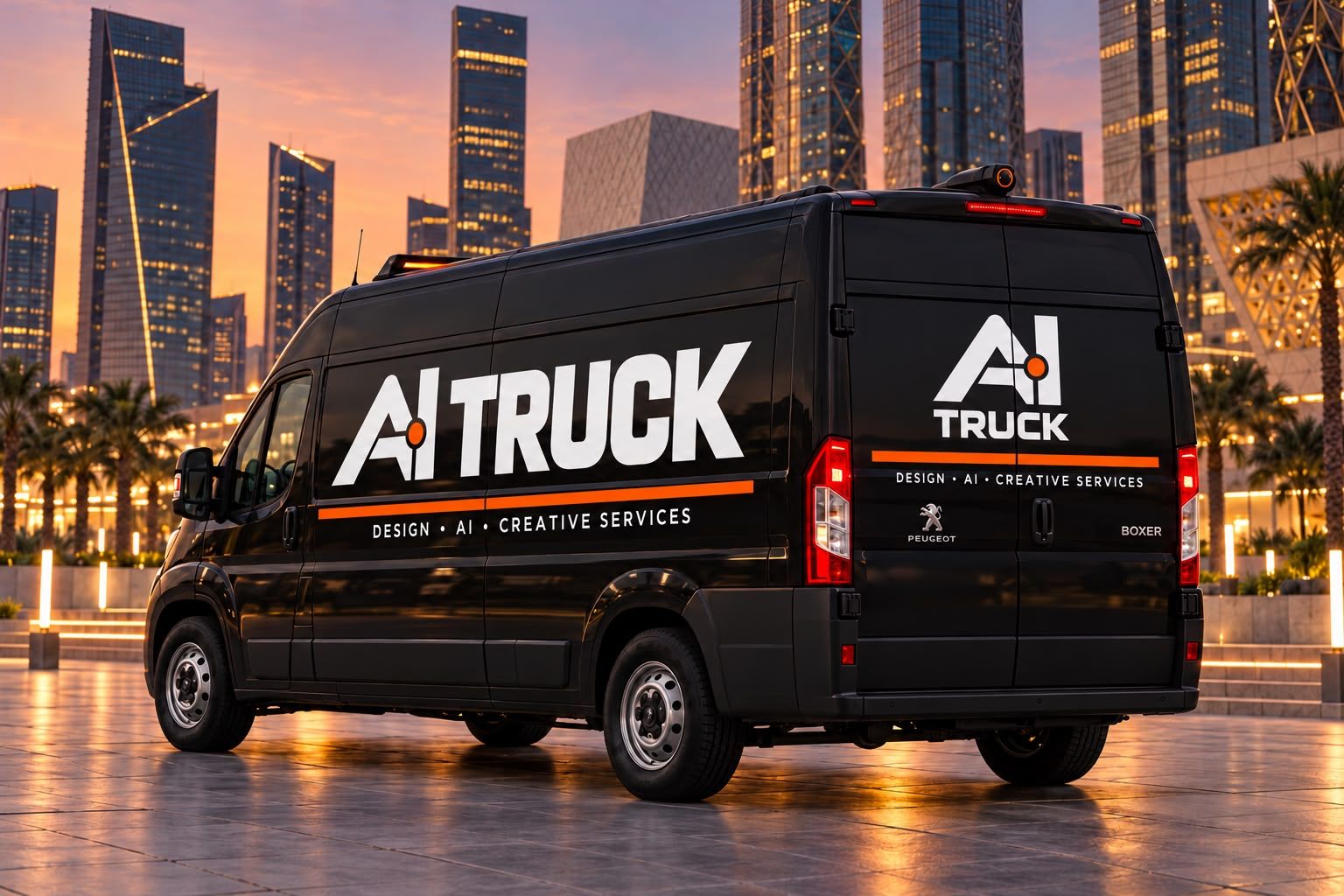 تصميم مبدئي: شاحنة AI Truck السوداء واقفة وقت المغرب