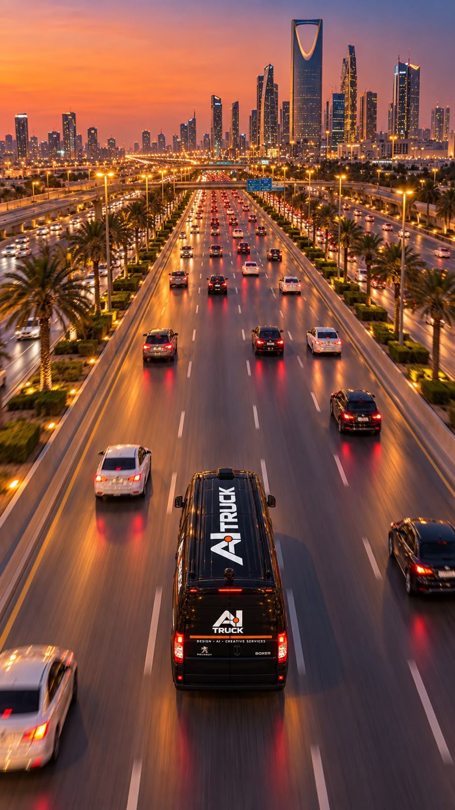 تصميم مبدئي: شاحنة AI Truck على طريق في الرياض وقت المغرب